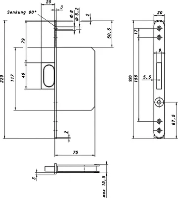 Produktbild von Schiebetürschloss mit Stirnziehgriff 117 x 75 x 15,5 mm, rund, Edelstahl