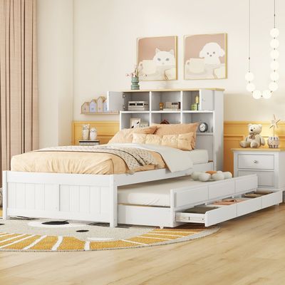 Flieks classic postele 90x200cm s výsuvným lůžkem, postel pro mladé se zásuvkami, úložná postel s roštem, jednolůžko dřevěná postel pro hosty, bílá
