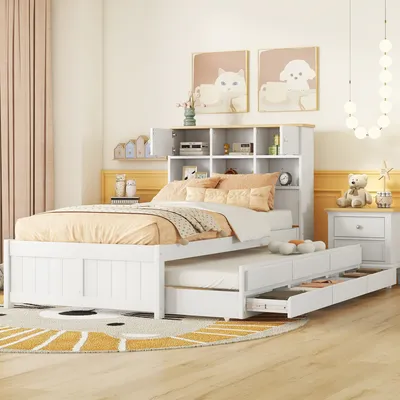 Produktbild von Flieks Klassische Betten 90x200cm mit Ausziehbett, Jugendbett mit Schubladen, Stauraumbett mit Lattenrost, Einzelbett Holzbett Gästebett, Weiß