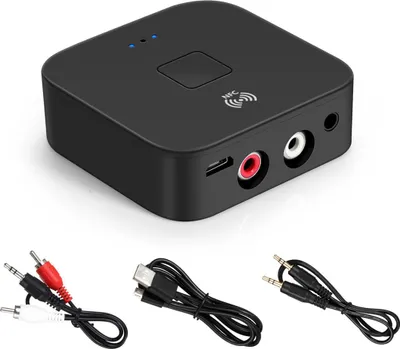 A black NFC Bluetooth 5.0 receiver with included cables is shown on a white background.