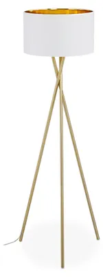 Obrázek produktu pro Stojací lampa Relaxdays s trojnožkou, lampa s látkovým stínidlem, V x H 148,5 x 53,5 cm, patice E27, plátno a kov, zlatá/bílá