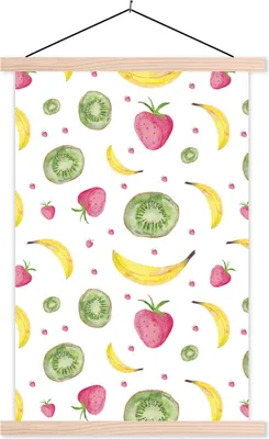 Produktbild von MuchoWow® Textilposter Obst - Aquarell - Weiß 60x90 cm mit holzfarbenen Rahmen - Textil