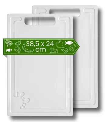 Image de Planche à découper en plastique (lot de 2 – 38,5 x 24 cm – blanche) – lavable au lave-vaisselle – antidérapante – avec rainure d'écoulement
