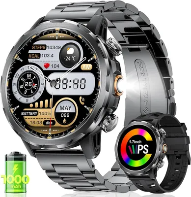 Produktbild von Smartwatch mit 1000mAh Akku, 1,7'' Großes Display Militär Smart Watch mit LED-Taschenlampe/100+ Sportmodi Fitnessuhr, SpO2/Herzfrequenz/Schlafmonitor