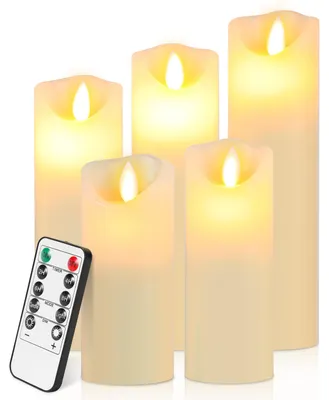 Zdjęcie produktu dla Vigevee, zestaw 5 świec LED imitujących prawdziwe świece z wosku, o wysokościach: 20 cm, 18 cm, 16 cm, 14 cm, 13 cm. Z pilotem, timerem, możliwością regulacji jasności i efektem migotania, ciepła barwa światła, różne wysokości, kolor: kość słoniowa