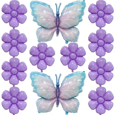 12er-Set Schmetterlings- und Blumenfolienballons, lila, 97x72 cm