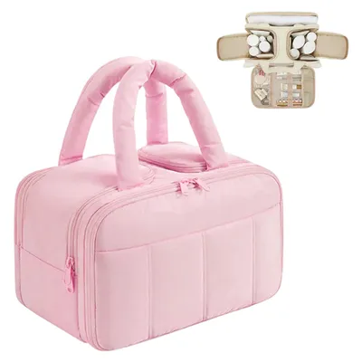 Produktbild von Kosmetiktasche Große,Reise Kulturbeutel, Makeup Taschen Organizer mit Griff, Waschtasche, Kosmetikkoffer, Rosa