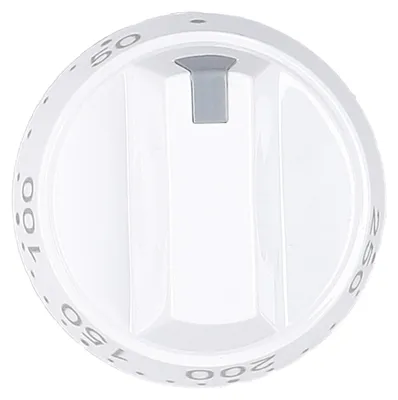 A white oven knob with temperature markings.