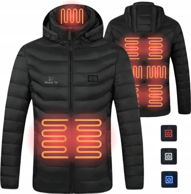 A black heated jacket is shown from the front and back, with glowing orange lines indicating heating elements. Small icons representing controls are shown on the right.
