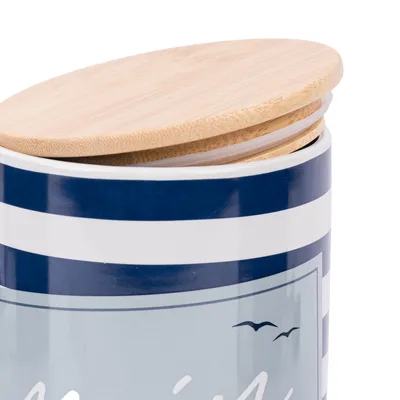 Produktbild von Vorratsdose Porzellan Bambusdeckel Moin Möwe Streifen blau weiß11x16cm