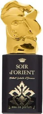 A perfume bottle with a gold sculpted cap and a black body with gold text and design.