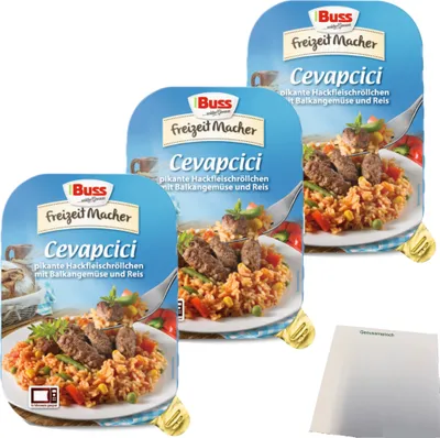 Produktbild von Buss Cevapcici Pikante Hackfleischröllchen mit Balkangemüse und Reis Fertiggericht 3er Pack (3x300g Packung) + usy Block