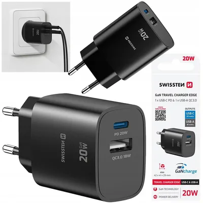 Zdjęcie produktu dla SZYBKA ŁADOWARKA SIECIOWA GaN 20W Power Delivery 1x USB-C 1x USB-A SWISSTEN