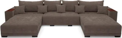 Zdjęcie produktu dla Allen U sofa narożna 360 x 185 cm, sofa z funkcją spania, drewnianą półką i poduszkami, sofa narożna z podstawą łóżka, w kształcie litery U do salonu w kolorze brązowym