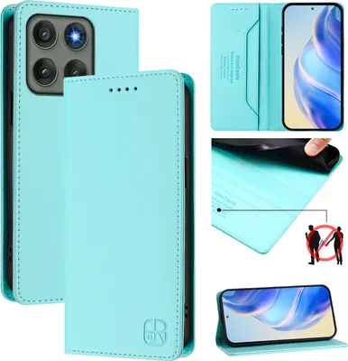 Produktbild von Lederhülle für Motorola Edge 60 Pro Hülle Flip Brieftasche Kartenfächern Ständer Schutzhülle Türkis