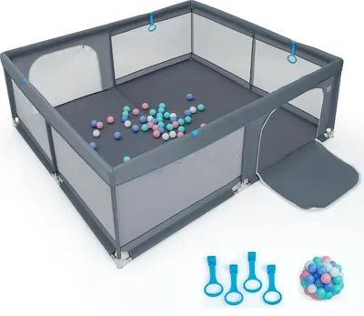 Produktbild von Laufstall Baby, 200 X 180cm Laufgitter mit 50 Bällen & 4 Griffen & Tragetasche, Faltbares Krabbelgitter mit Atmungsaktivem Netz, für Baby & Kleinkinder 0-36 Monate (Dunkelgrau)