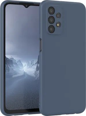 A dark blue phone case is shown next to a smartphone.