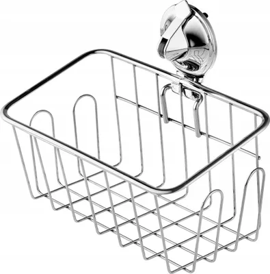 A stainless steel shower caddy with a suction cup attachment, shown against a white background.
