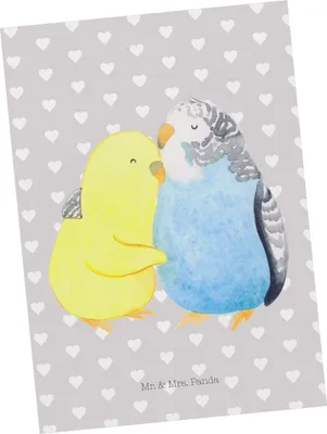 Produktbild von Mr. & Mrs. Panda Postkarte Wellensittich Liebe - Grau Pastell - Geschenk, Verknallt, bildkarte, Kuscheln, Freundin, Vertrauen, Grußkarte, Umarmung, Ansichtskarten