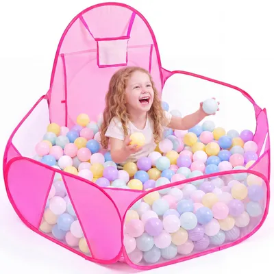 Produktbild von Bällebad Pop-up Spielzelt Bällebecken Kinder - 120 cm - Rosa - Mit Tragetasche - Mit Basketballkorb - Für drei Kinder