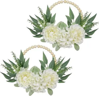 Produktbild von Famanu Kranz aus Holzperlen mit Eukalyptusblättern - Set von 2 - 25,9 cm Blumenkränze - künstliche Pfingstrosen und Hortensien - Boho Wanddekoration