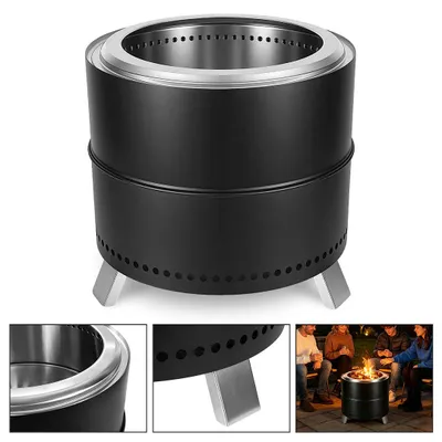 Immagine prodotto di Ikodm, braciere senza fumo, diametro 49,5 cm, acciaio inossidabile 201, con borsa da trasporto e contenitore estraibile per la cenere, ideale per giardino, terrazza, balcone, campeggio, colore nero