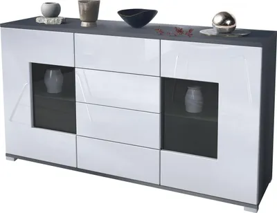 Produktbild von Vladon Sideboard Grömitz V1, Kommode mit 2 großen Türen und 4 Schubladen, Anthrazit matt/Weiß Hochglanz (138,5 x 75,5 x 35)
