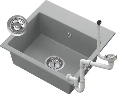 A gray sink with a chrome siphon and drain assembly.