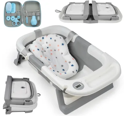 Produktbild von Baby Badewanne Faltbar mit Baby Badekissen, Badethermometer & Baby Pflegeset – Babywanne XXL für Neugeborene bis 36 Monate, Rutschfeste Baby Bathtub