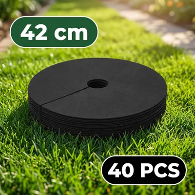Produktbild von Unkrautvlies rund 40er Set 42 cm – Baumscheibe Mulchscheibe schwarz, atmungsaktiv und wasserdurchlässig, wiederverwendbar für Bäume und Sträucher