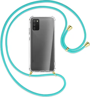 Produktbild von Handykette Backcover-Schutzhülle mit Band (Metall goldfarben) für Samsung Galaxy A02s - türkis