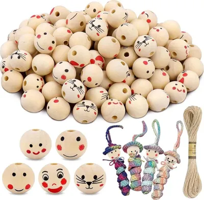 Produktbild von Sorgenwürmchen Holzperlen, Rundes Smile Face, 20mm Durchmesser, 4.5mm Innendurchmesser, 100 Stück, 5 Designs, Holz, glatte Oberfläche, zum Auffädeln für DIY Schmuckherstellung, für Kinder und Erwachsene