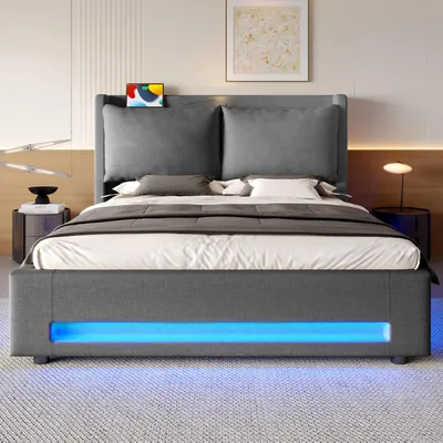 Immagine prodotto di LVHOM Letto imbottito 160x200cm con LED e luce notturna, letto matrimoniale con rete a doghe e USB, letto a molle idrauliche con contenitore, letto per ragazzi in velluto, grigio