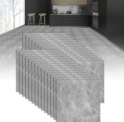Produktbild von XMTECH PVC Quadrat Bodenbelag Selbstklebend Vinylboden, DIY Bodenaufkleber Wasserdicht, für Küche Wohnzimmer Badezimmer Garage, 30 x 30 cm, Dicke: 1,5 mm, 54 Stücke - 5,02 m², Eiche Optik Grau