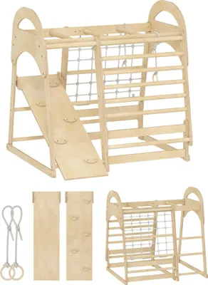 Produktbild von Indoor-Klettergerüst, 6-in-1 Design, Rutsche, Kletterstangen, Kletterwand, Leiter, Kletternetz, 3-6 Jahre, Holz