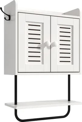 Produktbild von Relaxdays Hängeschrank, Handtuchhalter, 2 Doppelhaken, 2 Ablagen, Doppeltür, HBT: 61 x 40 x 17,5 cm, Wandschrank, weiß
