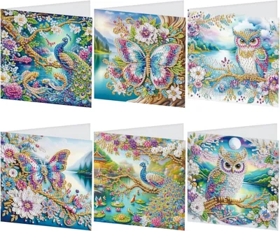 Imagen del producto de Tarjetas de felicitación con diamantes, juego de 6 unidades, con motivos de mariposa, pavo real y búho, ideales para proyectos creativos de manualidades