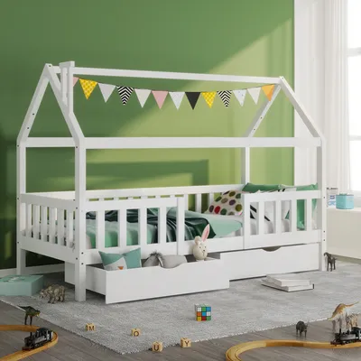 Produktbild von Flieks Hausbett Kinderbett 90x200cm, Holzbett mit Schubladen, Schornstein, Rausfallschutz und Lattenrost, ohne Matratze