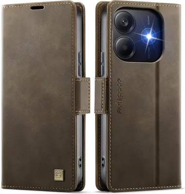 A brown leather flip case for a smartphone, shown open and closed.