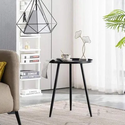 Immagine prodotto di Moderno tavolino rotondo con base a tre gambe in tubi d'acciaio, diametro 405 cm x 50 cm, metallo nero.