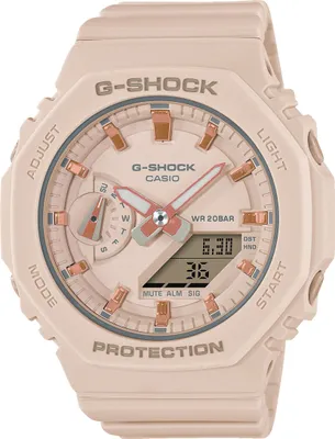 A close-up, front-facing studio shot of a pink G-Shock watch.