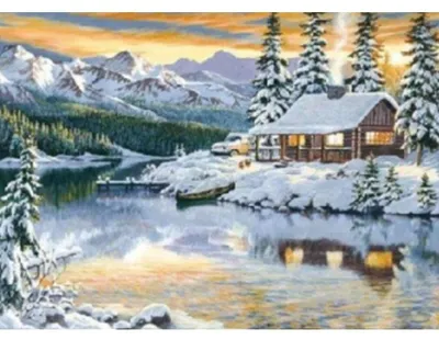 Obrázek produktu pro Diamantová mozaika Dům u řeky v zimě 30x40 cm Kreativní diamanty