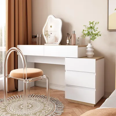 Image de MODFU Bureau Avec Tiroirs 5 Compartiments, Style Classique Et Rangement Spacieux Pour Chambre, Panneaux E1 Effet Chêne - 125x38,9x76 cm Beige