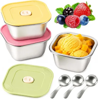 Produktbild von Eisbehälter für Speiseeis, 3 Stück 400ml Edelstahl Eisbecher mit Silikondeckeln und Löffel, Wiederverwendbare Eis Behälter Eiscreme Behälter für Eiscreme Joghur Snacks