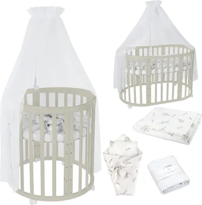 Produktbild von Mobiles Babybett OWAL aus Holz 7in1 mit Matratze, mitwachsend,Stoffe Weiß Zweige,Holz olive