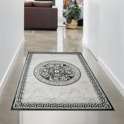 Zdjęcie produktu dla Orientalny dywan z obramowaniem i brokatową przędzą kremowo-szary Rozmiar - 80x150 cm