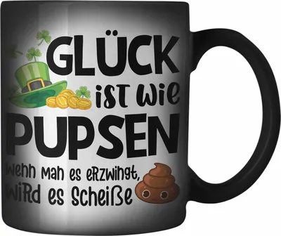 Produktbild von Trendation - Glück Ist Wie Pupsen Farbwechsel Zauber-Tassen Farbwechsel Zauber-Tasse Becher Karabiner Farbwechsel Zauber-Tasse Edelstahl Lustig Spruch Geschenk Frauen Männer (Schwarz)
