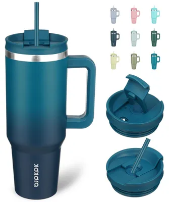 Imagen del producto de Taza aislante con asa, 1200 ml, de acero inoxidable, con tapa y pajita, ideal para uso doméstico