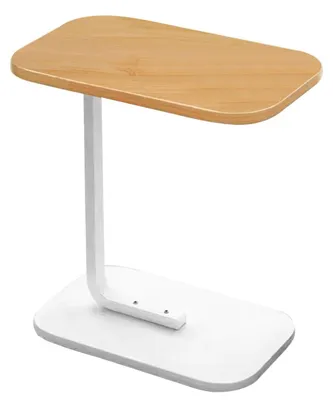 C-förmiger Beistelltisch mit rechteckiger heller Holzplatte und weißem Metallgestell und -stütze