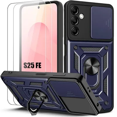 Image de Coque + 2 Verres Trempés pour Samsung Galaxy S25 FE, avec Anneau et Protection Objectif Coulissante - Bleu Marine